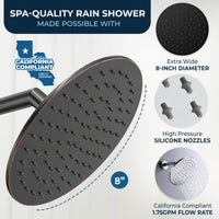 Optimized Pressure Brushed Nickel ALL METAL 8 Inch Rainfall Shower Head - Shower Head Rainfall - 2.5 GPM High Flow Shower Head Optimized for Pressure – Large Round Rain Shower Heads - Wall, Overhead, or Ceiling Mount Matte Black / 12 Inch - The Shower Head Store