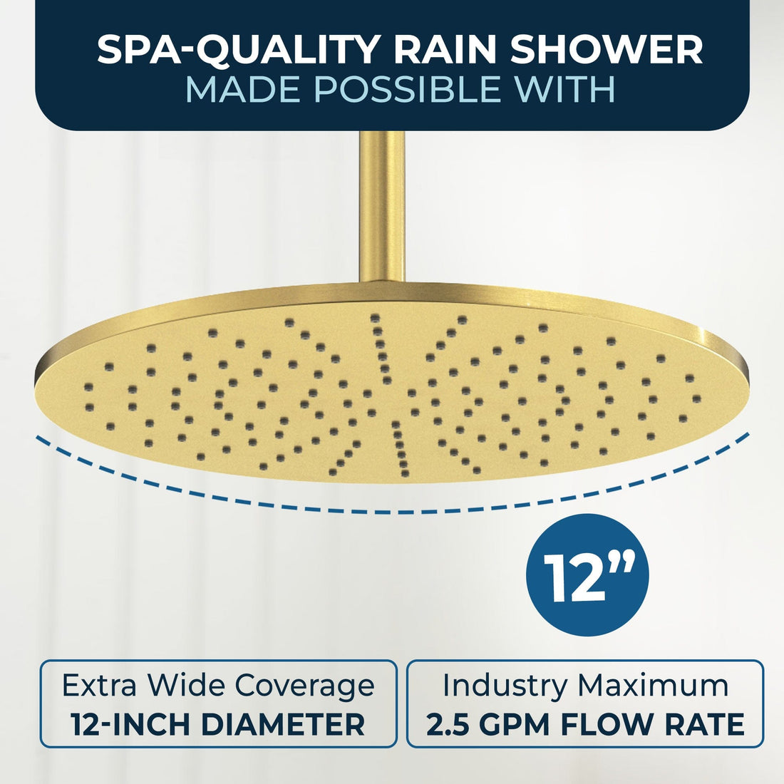 Spa Quality 12 Inch Rain Shower Head and 12 Inch Ceiling Mount Shower Arm Brushed Gold  - HammerHead Showers