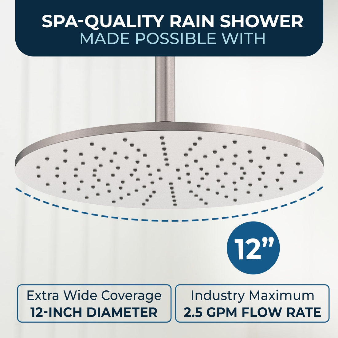 Spa Quality 12 Inch Rain Shower Head and 12 Inch Ceiling Mount Shower Arm Brushed Nickel - HammerHead Showers