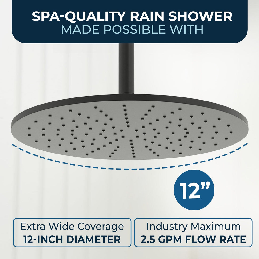 Spa Quality 12 Inch Rain Shower Head and 12 Inch Ceiling Mount Shower Arm Matte Black  - HammerHead Showers