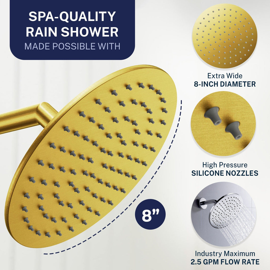 Spa Quality All Metal Shower Head Filter with 8 Inch Rainfall Shower Head Brushed Gold / 1.75 - The Shower Head Store