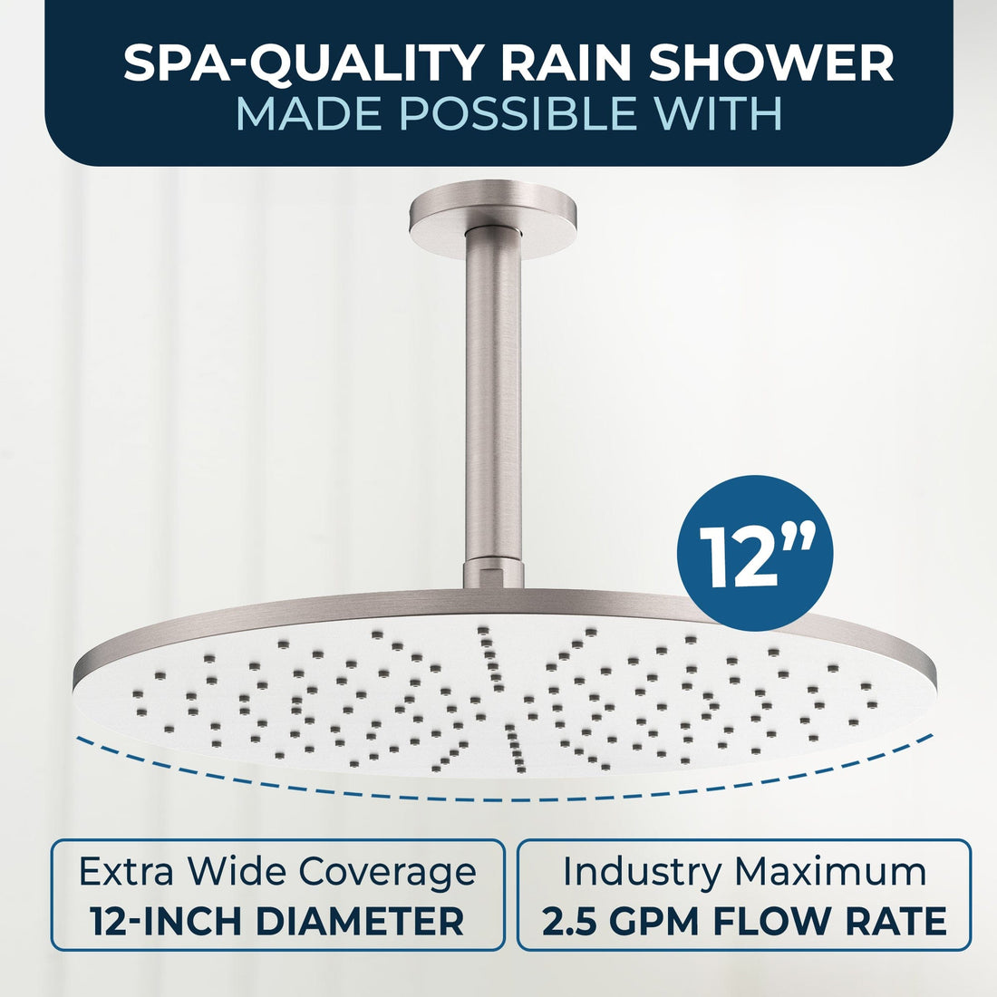 Spa Quality 12 Inch Rain Shower Head and 6 Inch Ceiling Mount Shower Arm Brushed Nickel - HammerHead Showers
