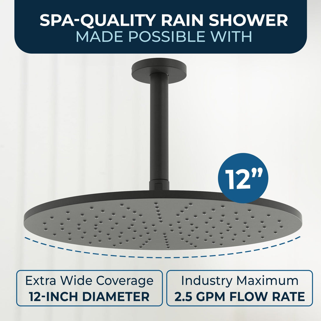 Spa Quality 12 Inch Rain Shower Head and 6 Inch Ceiling Mount Shower Arm Matte Black - HammerHead Showers