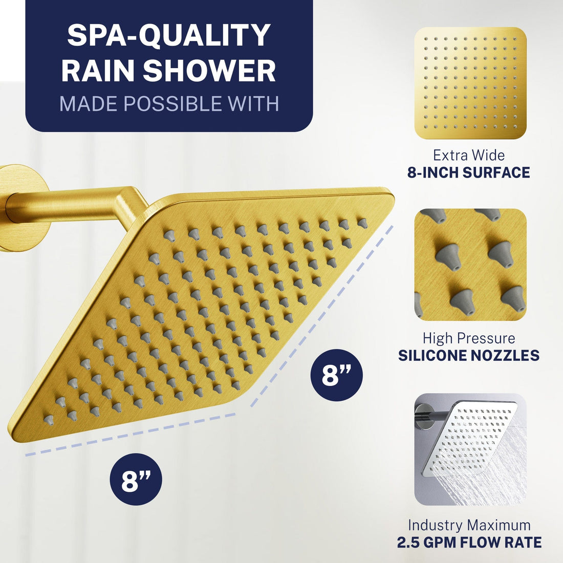 Spa Quality Rain Shower Square Rain Shower Head Brushed Gold  / 2.5 - The Shower Head Store