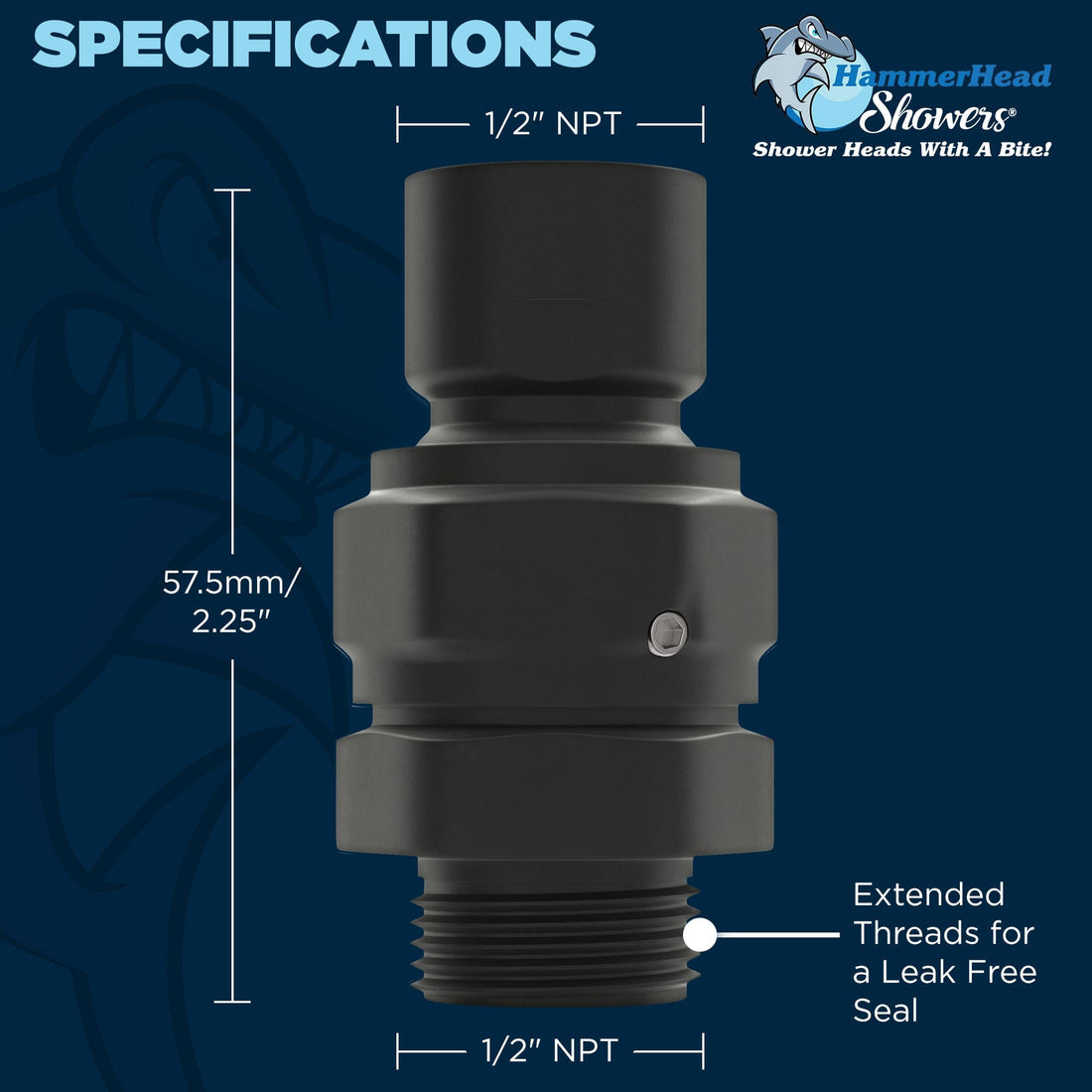 Specifications of Swivel Adapter with Extended Threads for a Leak Free Seal HammerHead Showers Matte Black - The Shower Head Store