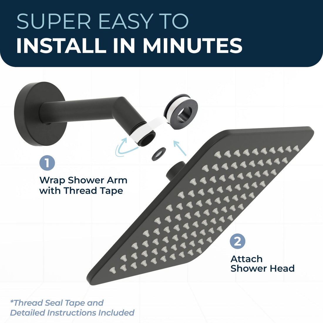 Installation Square Rain Shower Head Matte Black  / 2.5 - The Shower Head Store