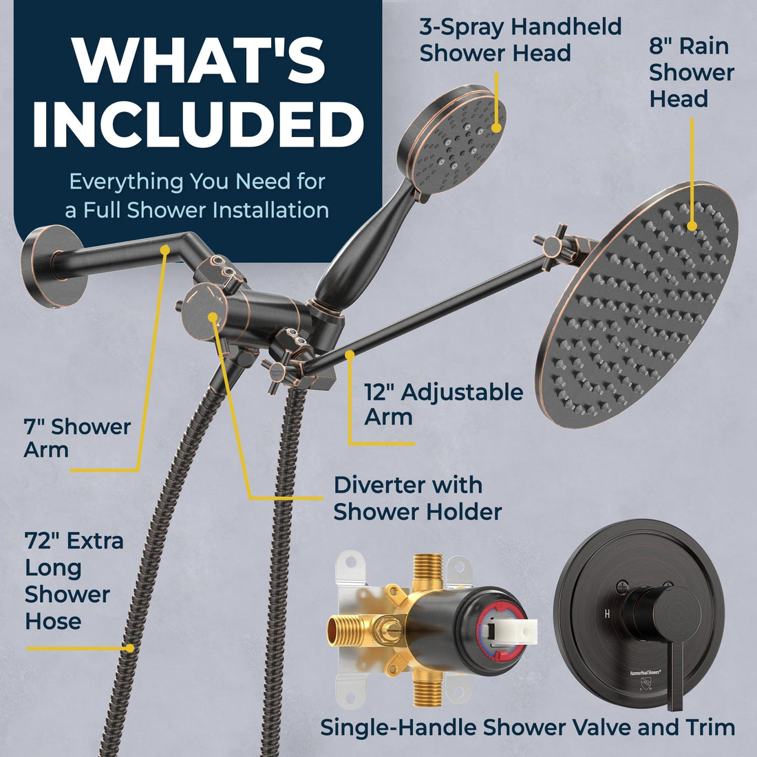 What's Included All Metal Dual Shower Head with Adjustable Arm - Complete Shower System with Valve and Trim Oil Rubbed Bronze / 2.5 GPM - The Shower Head Store