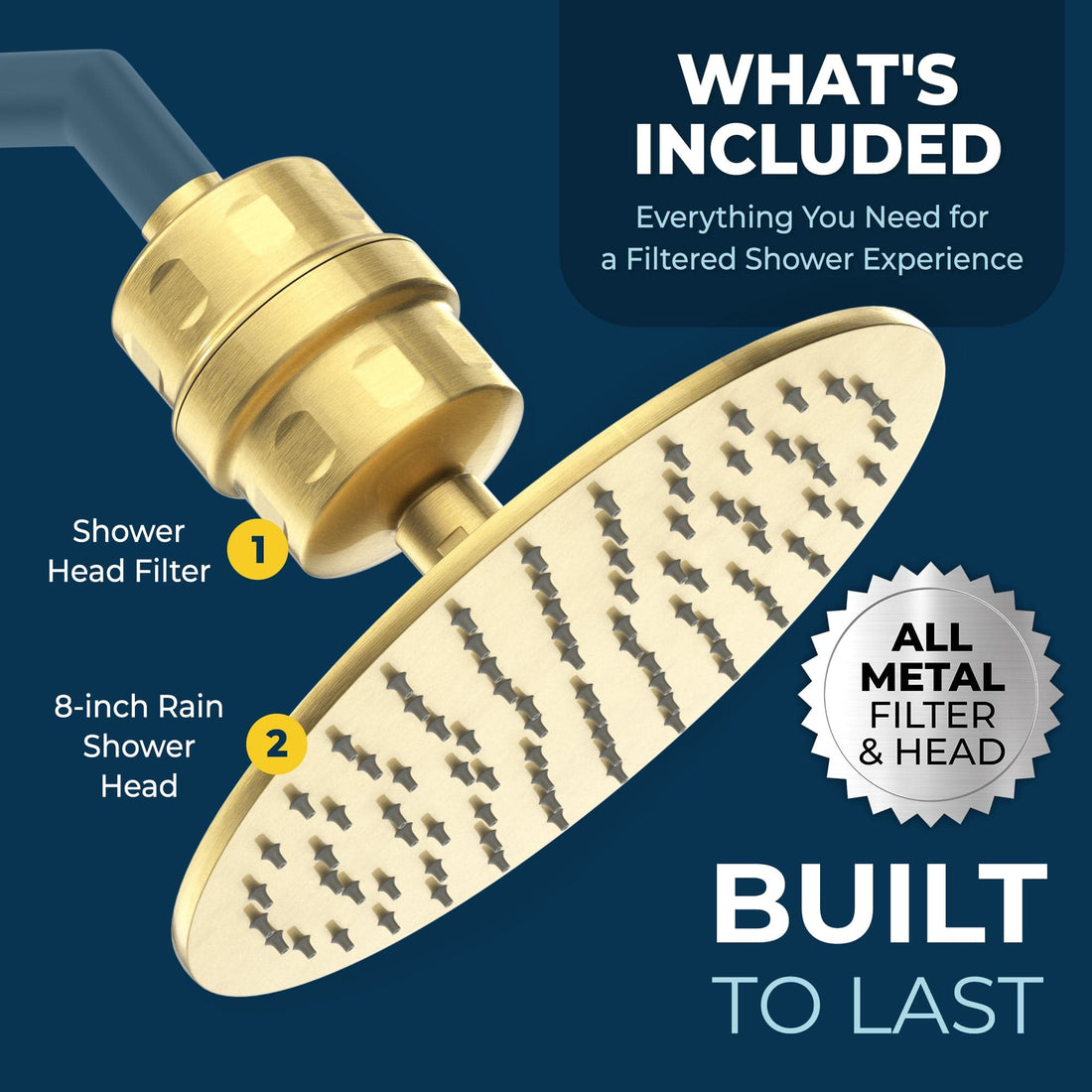 What's Included All Metal Shower Head Filter with 8 Inch Rainfall Shower Head Brushed Gold / 1.75 - The Shower Head Store