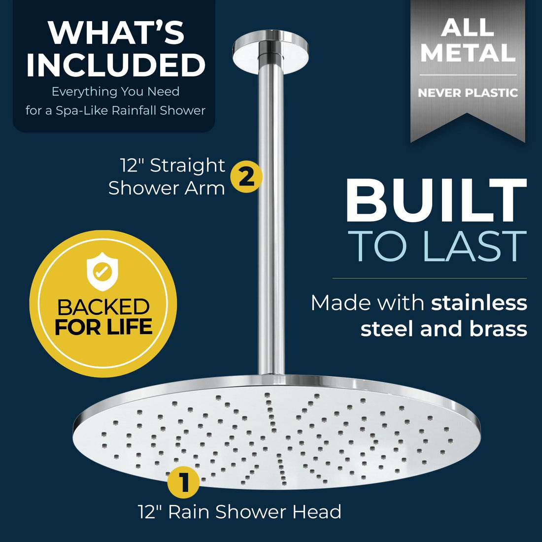 Built to Last 12 Inch Rain Shower Head and 12 Inch Ceiling Mount Shower Arm Chrome - HammerHead Showers