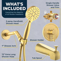 Inclusions Tub Spout with Valve and Trim 3-Spray Handheld and Shower Arm Brushed Gold / 2.5 - The Shower Head Store