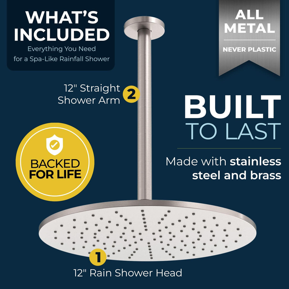 What's Included 12 Inch Rain Shower Head and 12 Inch Ceiling Mount Shower Arm Brushed Nickel - HammerHead Showers