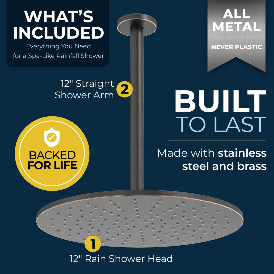 What's Included 12 Inch Rain Shower Head and 12 Inch Ceiling Mount Shower Arm Oil Rubbed Bronze  - HammerHead Showers