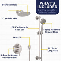 Inclusions Steve White Bundle - 2H Valve and Trim Slide Bar with 1-Spray and 8-inch Rain Shower Head Brushed Nickel / 2.5 - The Shower Head Store