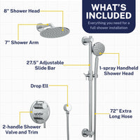 Inclusions Steve White Bundle - 2H Valve and Trim Slide Bar with 1-Spray and 8-inch Rain Shower Head Chrome / 2.5 - The Shower Head Store