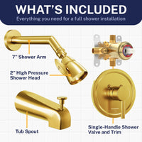 Inclusions 2 Inch High Pressure Shower Head Set with Tub Spout and Valve and Trim Brushed Gold / 2.5 GPM Brushed Gold / 1.75 GPM - The Shower Head Store