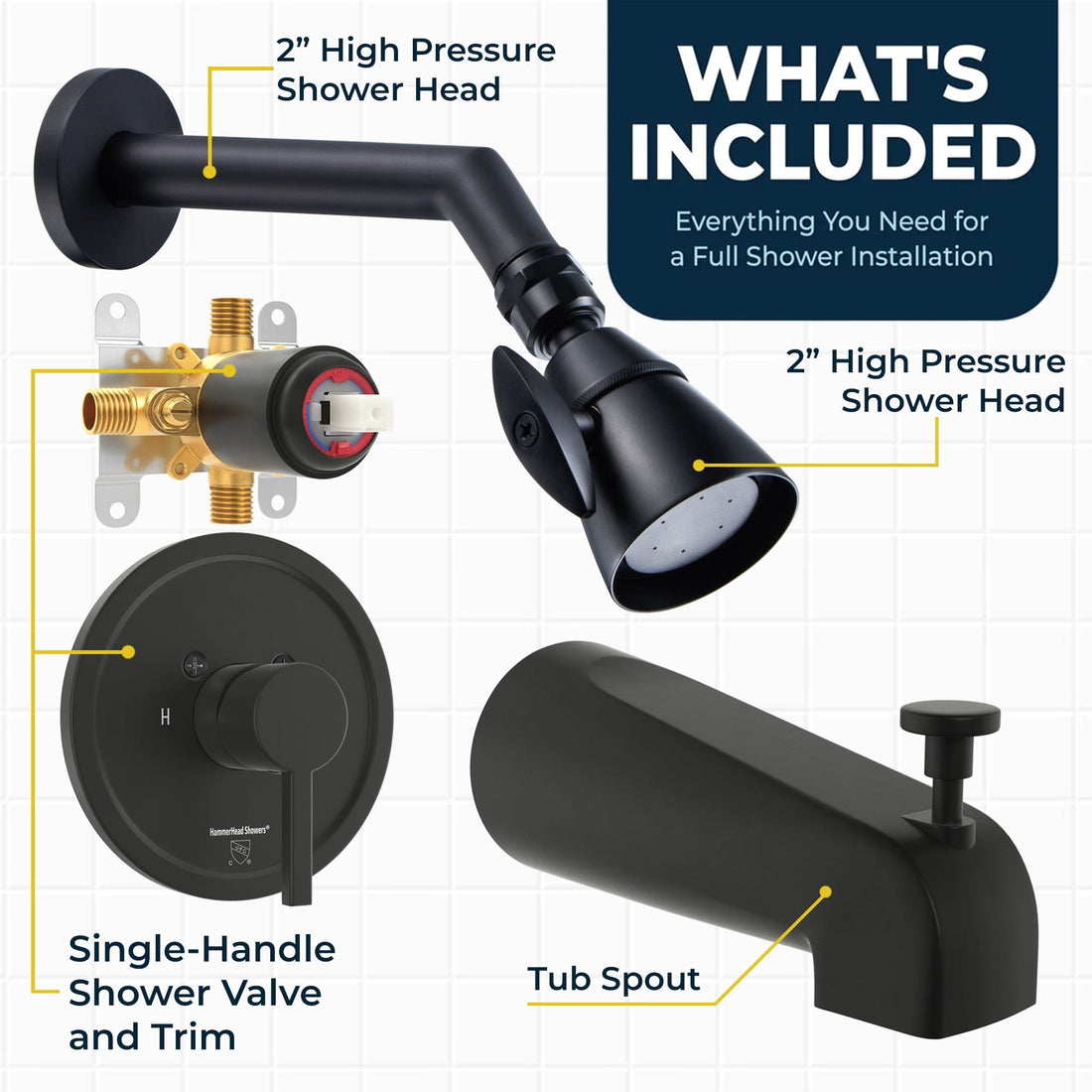 What's Included 2 Inch High Pressure Shower Head Set with Tub Spout and Valve and Trim Matte Black / 2.5 GPM Matte Black / 1.75 GPM - The Shower Head Store