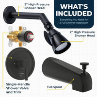 What's Included 2 Inch High Pressure Shower Head Set with Tub Spout and Valve and Trim Matte Black / 2.5 - The Shower Head Store