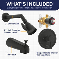 Inclusions 2 Inch High Pressure Shower Head Set with Tub Spout and Valve and Trim Matte Black / 2.5 GPM Matte Black / 1.75 GPM - The Shower Head Store