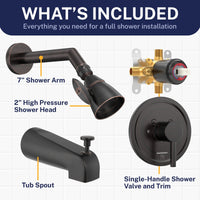 Inclusions 2 Inch High Pressure Shower Head Set with Tub Spout and Valve and Trim Oil Rubbed Bronze / 2.5 GPM Oil Rubbed Bronze / 1.75 GPM - The Shower Head Store