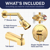 Inclusions 2 Inch High Pressure Shower Head Set with Tub Spout and Valve and Trim Polished Brass / 2.5 GPM Polished Brass / 1.75 GPM - The Shower Head Store