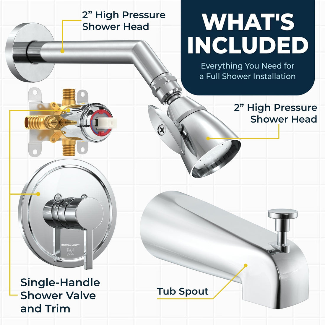 Inclusions 2 Inch High Pressure Shower Head Set with Tub Spout and Valve and Trim Chrome / 2.5 GPM Chrome / 1.75 GPM - The Shower Head Store