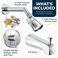 Inclusions 2 Inch High Pressure Shower Head Set with Tub Spout and Valve and Trim Chrome / 2.5 - The Shower Head Store