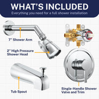 Inclusions 2 Inch High Pressure Shower Head Set with Tub Spout and Valve and Trim Chrome / 2.5 GPM Chrome / 1.75 GPM - The Shower Head Store
