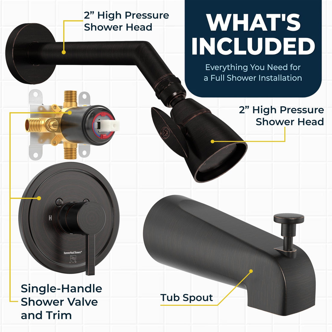 Inclusions 2 Inch High Pressure Shower Head Set with Tub Spout and Valve and Trim Oil Rubbed Bronze / 2.5 GPM Oil Rubbed Bronze / 1.75 GPM - The Shower Head Store