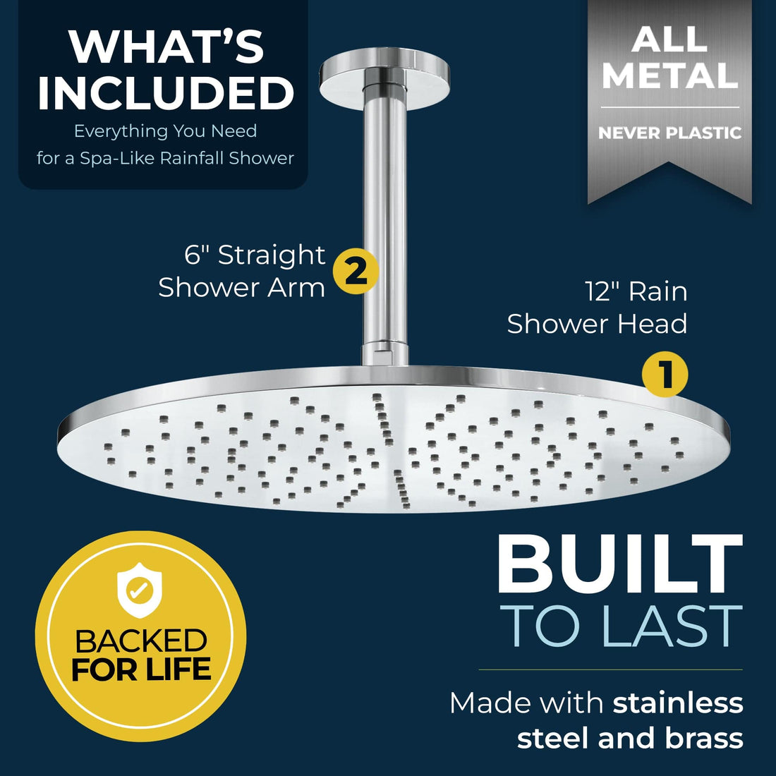 Built to Last 12 Inch Rain Shower Head and 6 Inch Ceiling Mount Shower Arm Chrome - HammerHead Showers