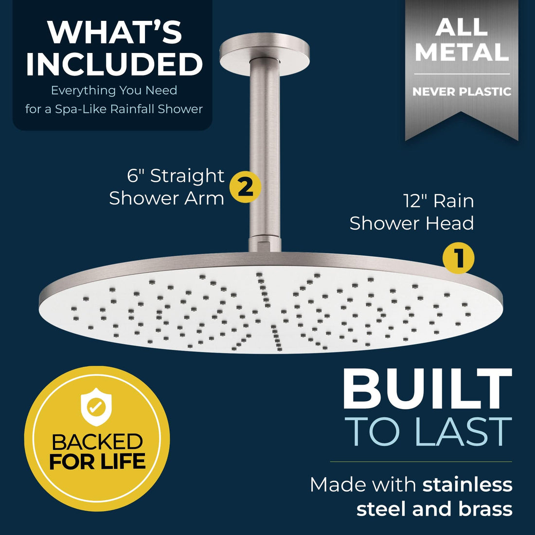 Built to Last 12 Inch Rain Shower Head and 6 Inch Ceiling Mount Shower Arm Brushed Nickel - HammerHead Showers