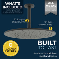 Buolt to Last 12 Inch Rain Shower Head and 6 Inch Ceiling Mount Shower Arm Matte Black - HammerHead Showers