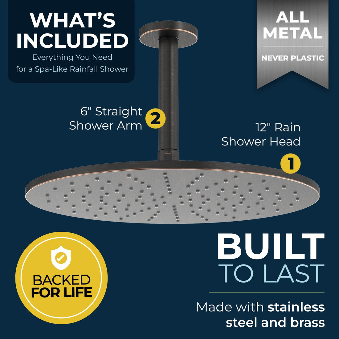 Built to Last 12 Inch Rain Shower Head and 6 Inch Ceiling Mount Shower Arm Oil Rubbed Bronze - HammerHead Showers