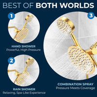 (Your Favorite Spray 2) Divert Water from Rain Shower Head to Handheld Showerhead with 3-Way Diverter Brushed Gold - The Shower Head Store