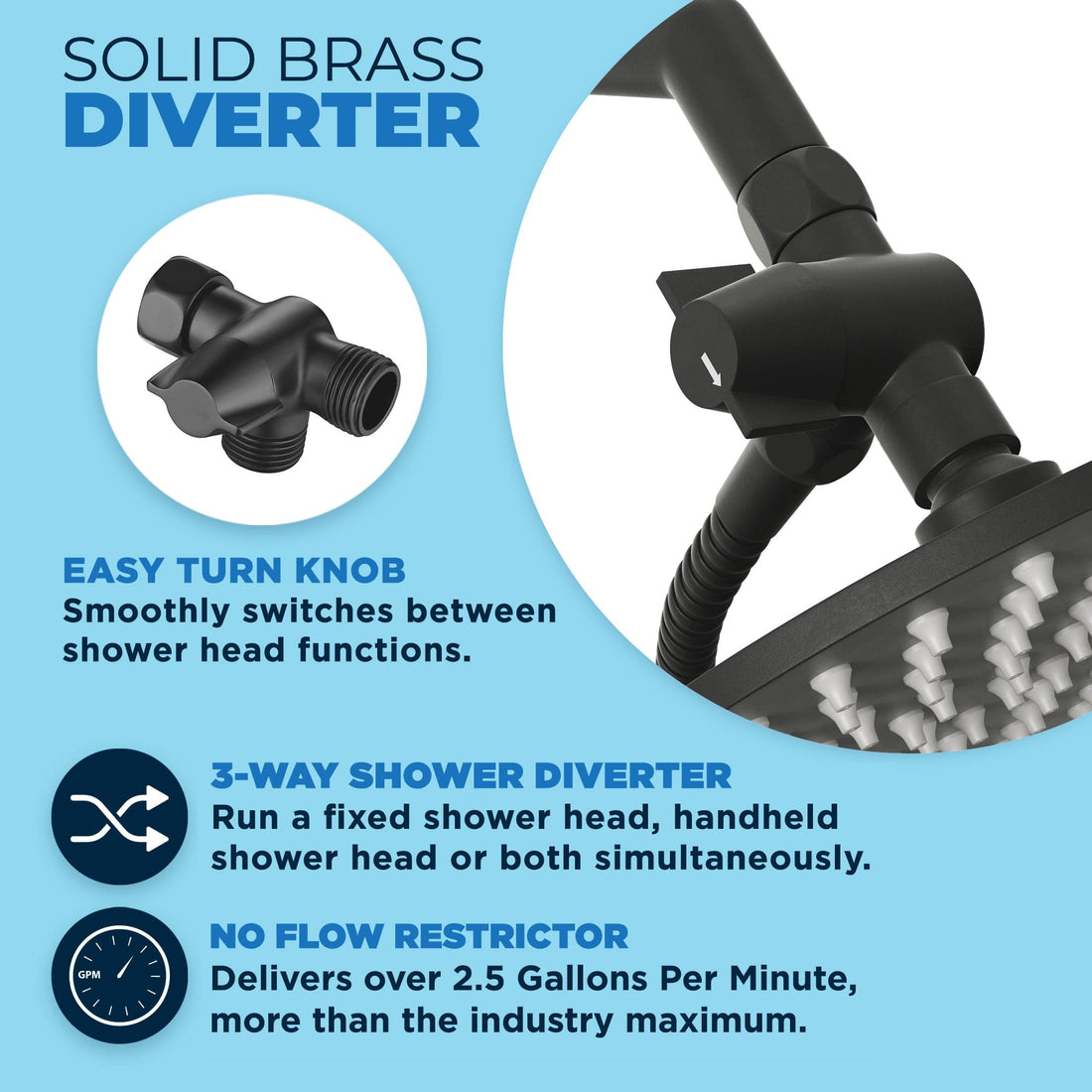 Diverter Dual Shower Head with Slide Bar Set Matte Black  / 2.5 - The Shower Head Store