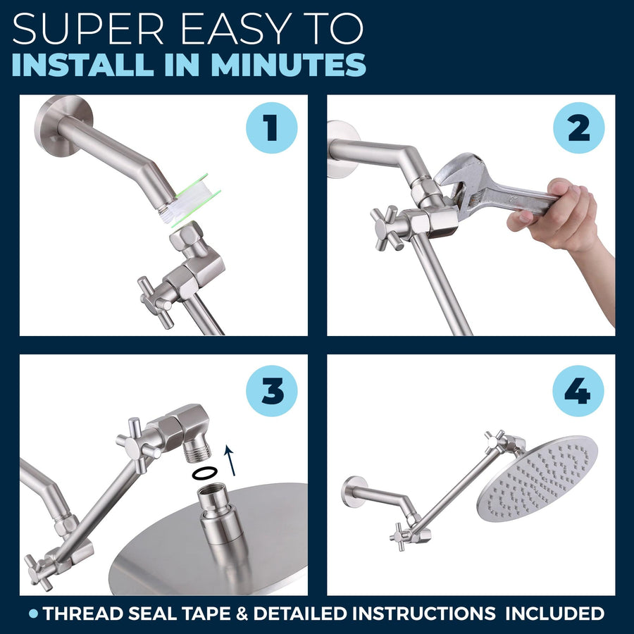 Adjustable Shower Arm Extension Pipe Raise or Lower Shower Head Height Easy Installation Brushed Nickel / 12 Inch - The Shower Head Store