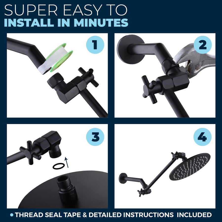 Adjustable Shower Arm Extension Pipe Raise or Lower Shower Head Height Easy Installation Matte Black / 12 Inch - The Shower Head Store