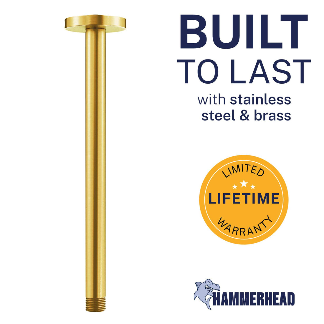 Built to Last Straight Shower Arm Brushed Gold / 12 Inch - The Shower Head Store
