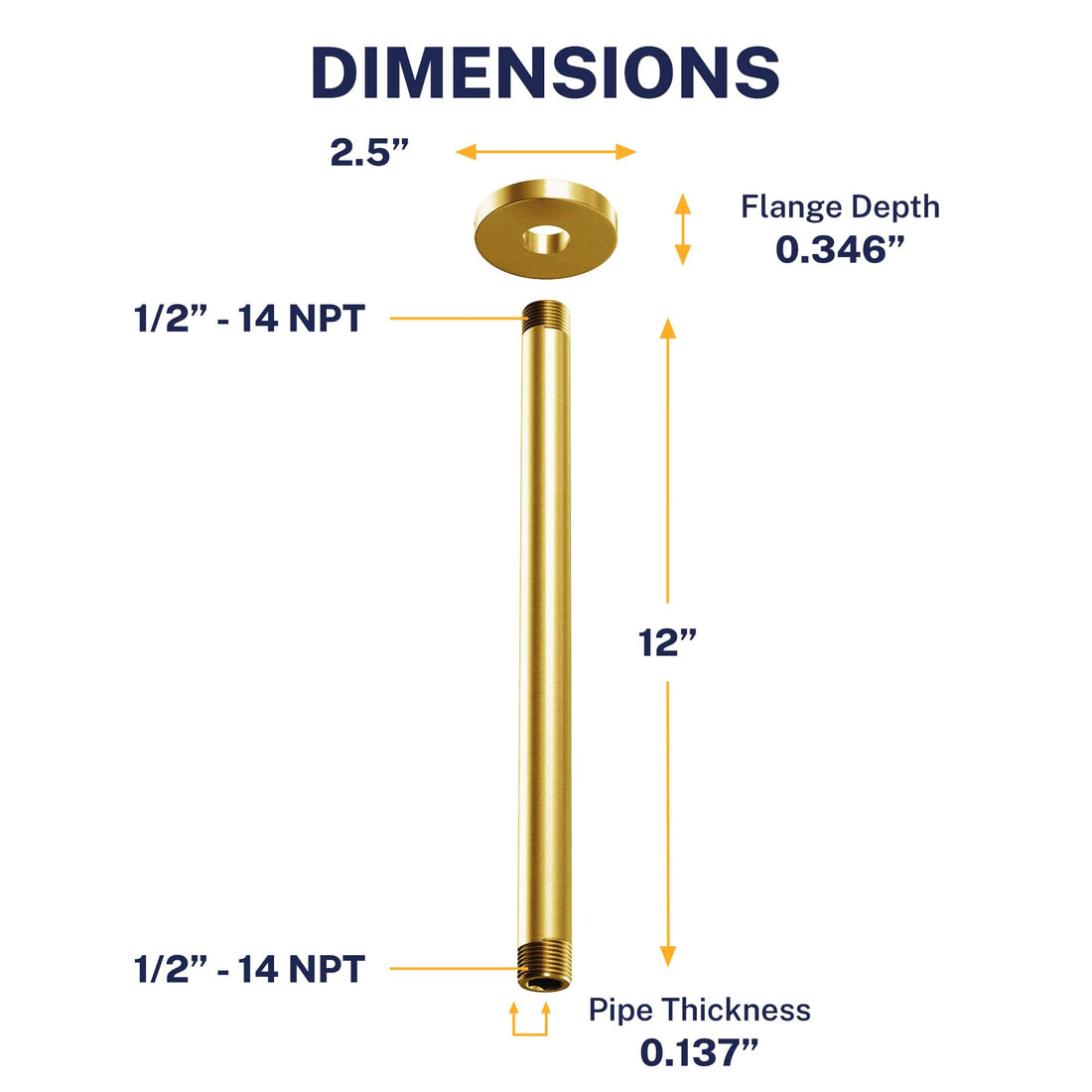 Dimensions Straight Shower Arm Brushed Gold / 12 Inch - The Shower Head Store