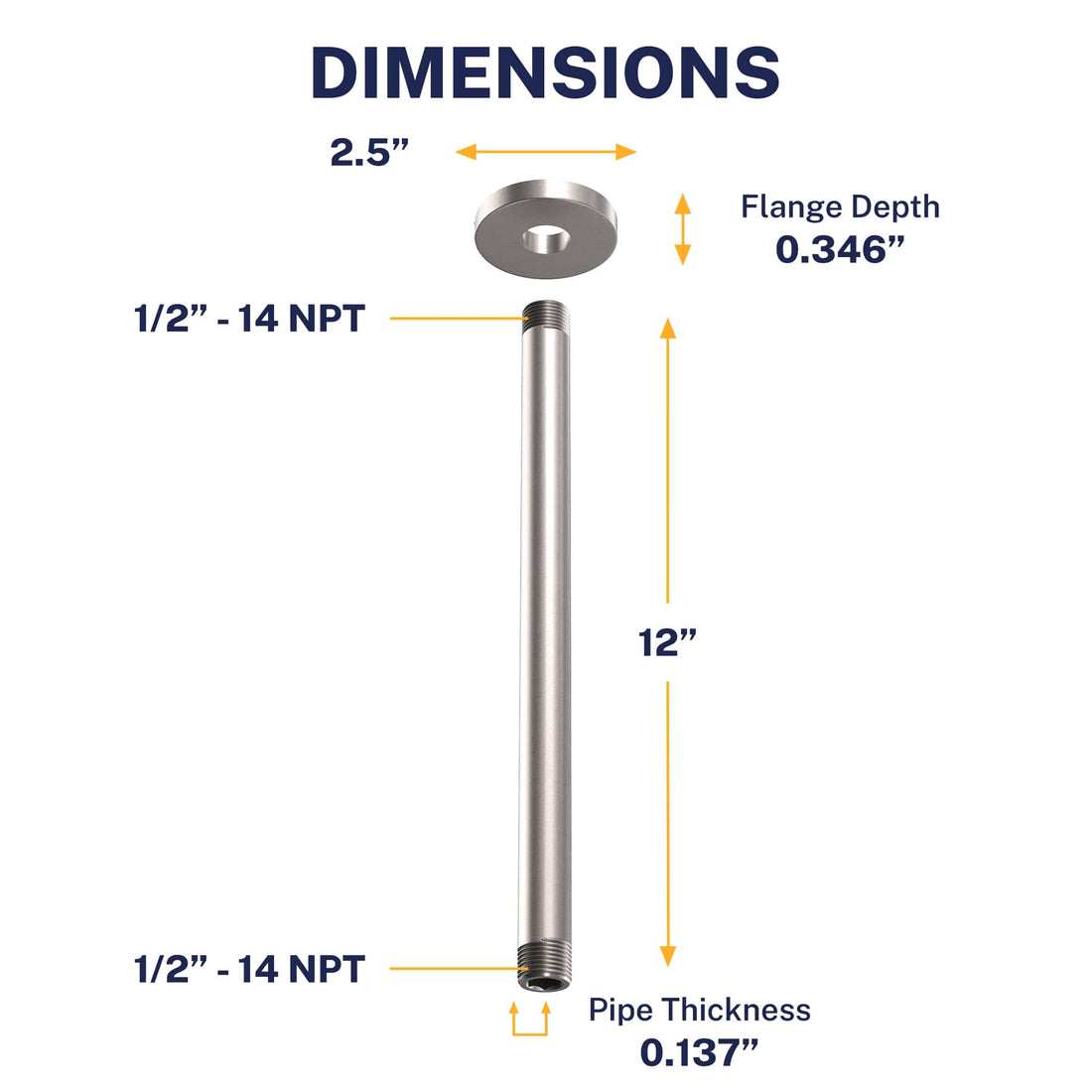 Dimensions Straight Shower Arm Brushed Nickel / 12 Inch - The Shower Head Store