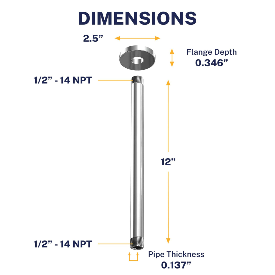 Dimensions Straight Shower Arm Chrome / 12 Inch - The Shower Head 