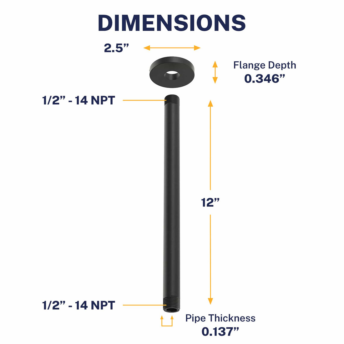 Dimensions Straight Shower Arm Matte Black / 12 Inch - The Shower Head Store