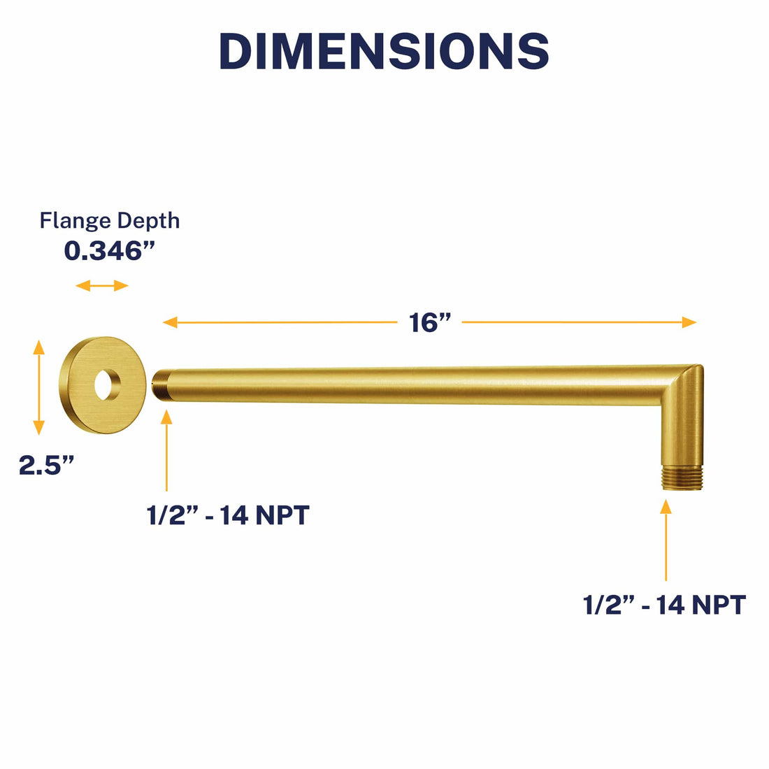 Dimensions J-Shaped Overhead Shower Arm Brushed Gold  - The Shower Head Store