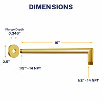 Dimensions J-Shaped Overhead Shower Arm Brushed Gold  - The Shower Head Store