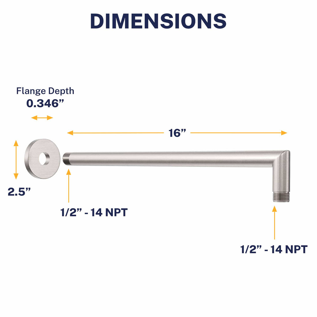 Dimensions J-Shaped Overhead Shower Arm Brushed Nickel  - The Shower Head Store