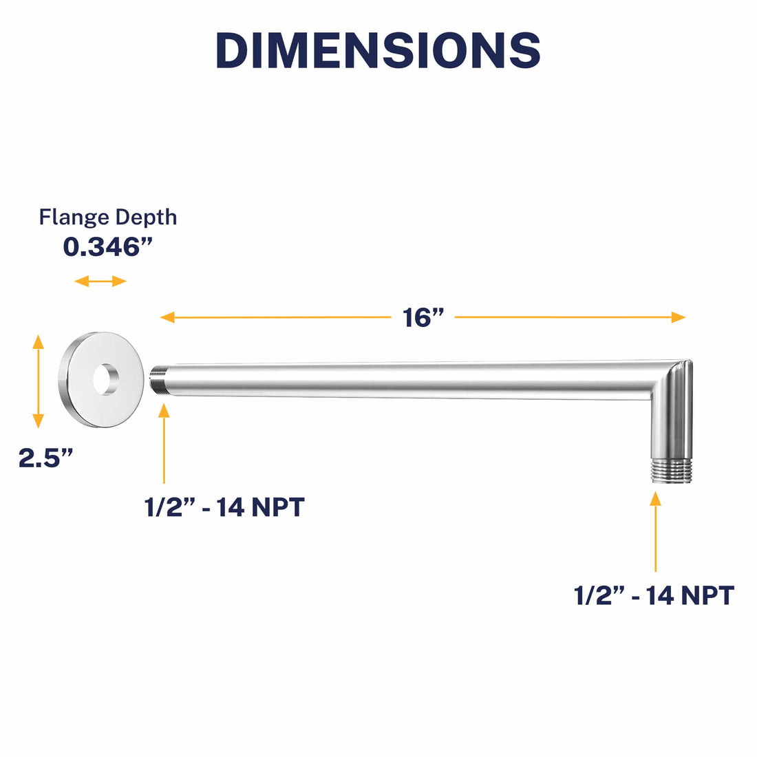 Dimensions J-Shaped Overhead Shower Arm Chrome - The Shower Head Store