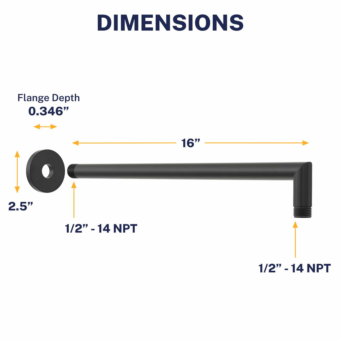 Dimensions J-Shaped Overhead Shower Arm Matte Black  - The Shower Head Store