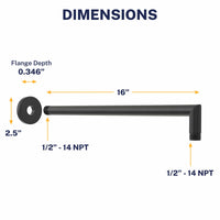 Dimensions J-Shaped Overhead Shower Arm Matte Black  - The Shower Head Store