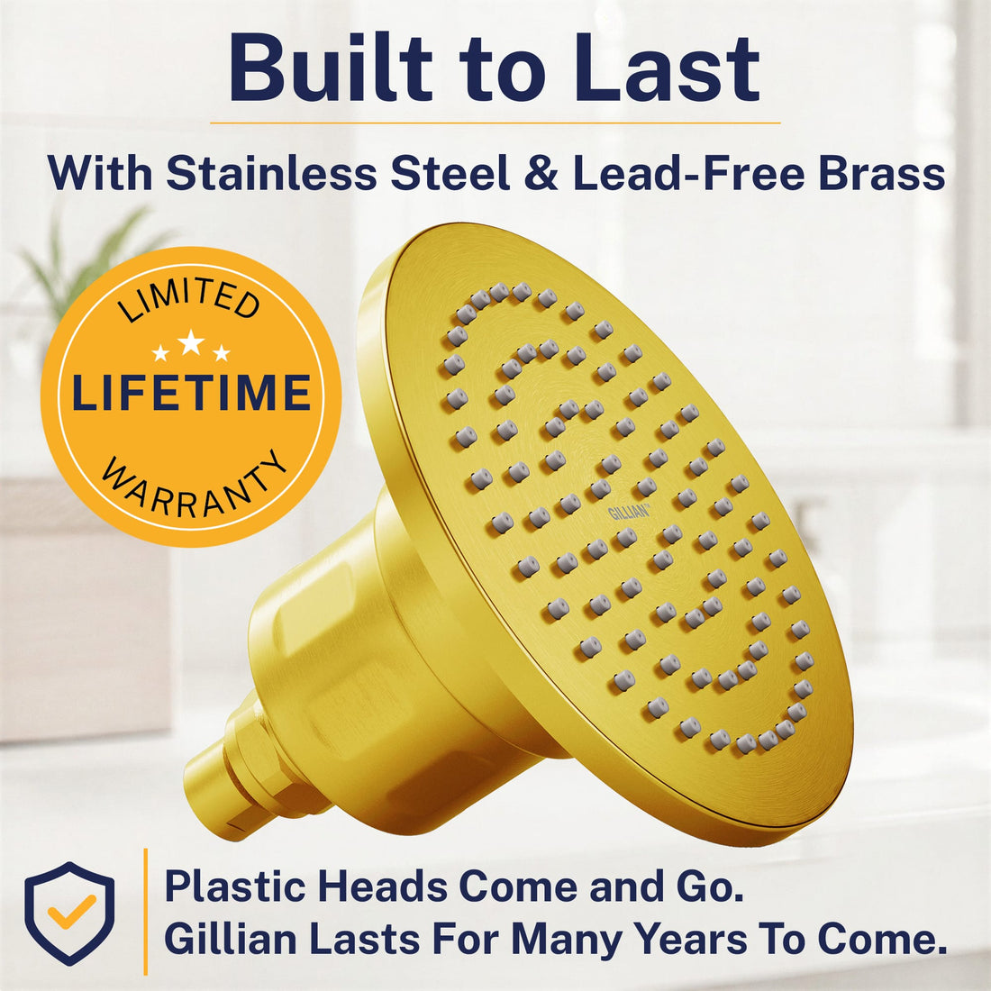 Built to Last Gillian — The METAL Filtered Shower Head Brushed Gold / 2.5 GPM Brushed Gold / 1.75 GPM - The Shower Head Store