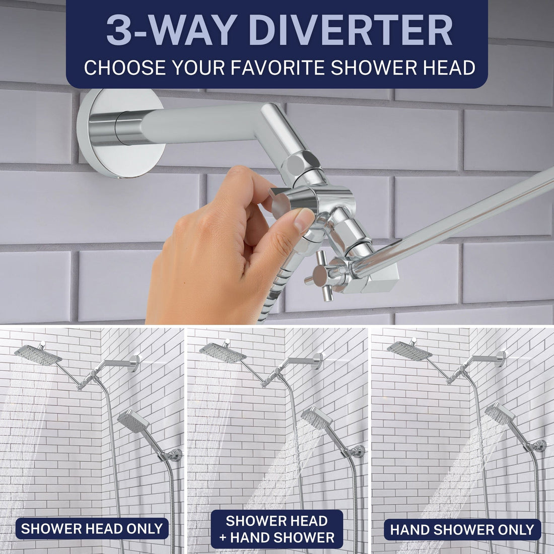3-Way Diverter Square Dual Shower Head Set Chrome / 2.5 - The Shower Head Store