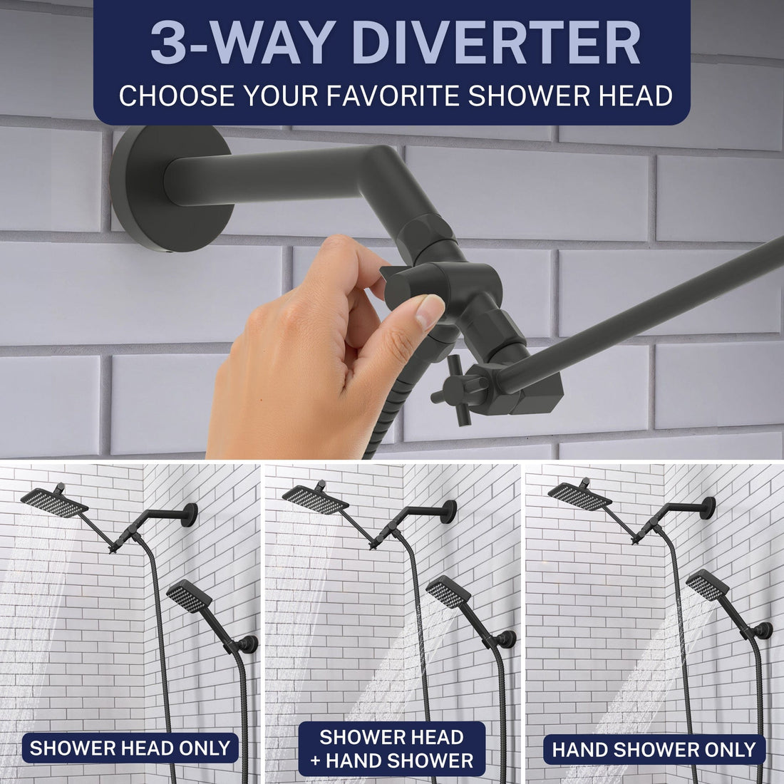 3-Way Diverter Square Dual Shower Head Set Matte Black / 2.5 - The Shower Head Store